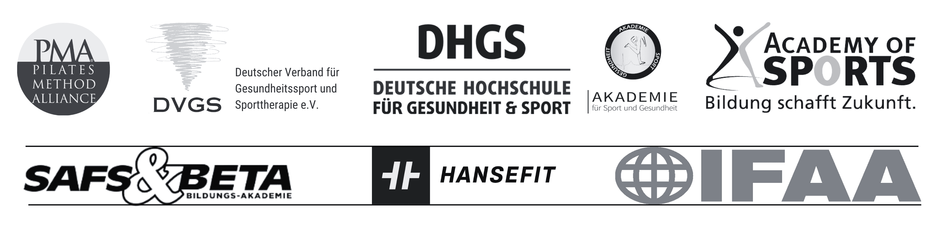 Zertifiziert, vernetzt & professionell ausgebildet – das ist die Pilates-Anna - Logos in schwarz weiss